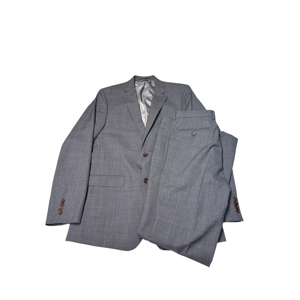 Lauren Ralph Lauren 2Pc Mens 40L 34X33 Grey Blue Glen Plaid 100% Wool Slim Fit
